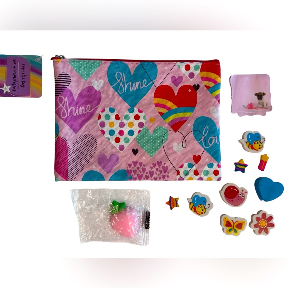 Girly bundle squishy strawberry cosmetic or pencil case erasers puppy notepad